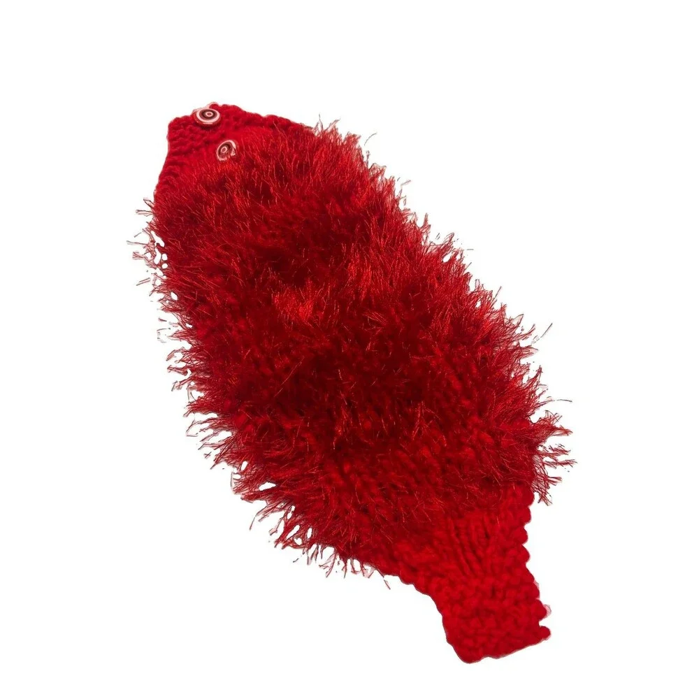 Handmade Crocheted Ear Warmer Button Handband Red Fuzzy Fun Festive Holiday